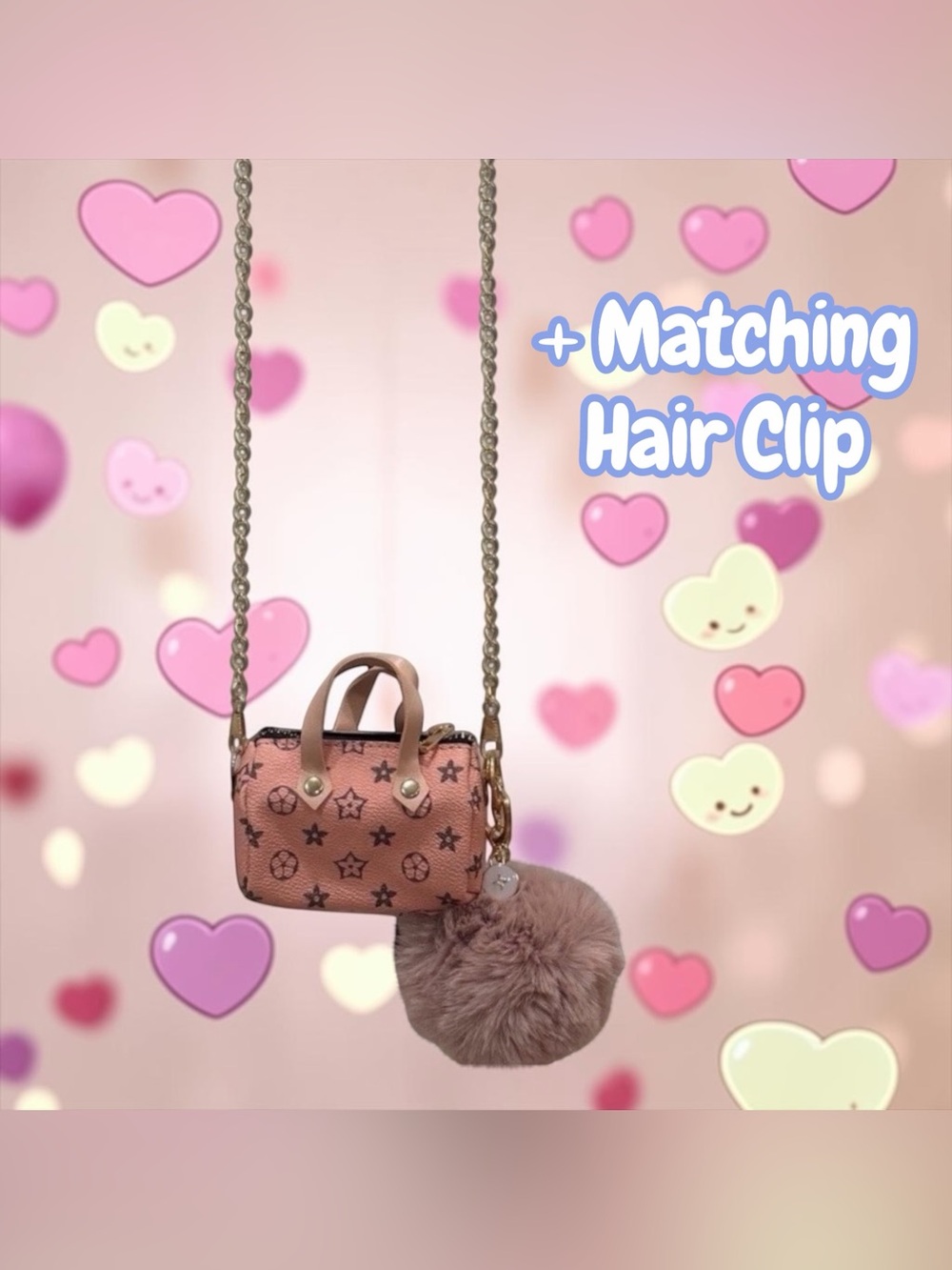 Pink Mini Barrel Crossbody Bag + Hair Claw Clip & Faux Pom Pom with skittle NEW